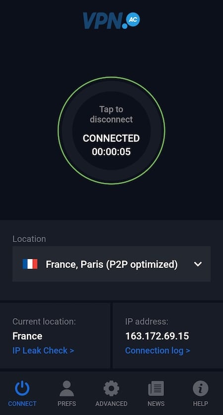 VPN.AC homescreen while connected on Android