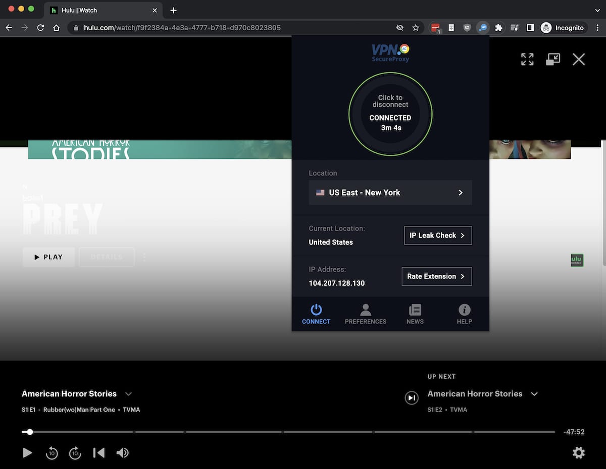 VPN.AC's Chrome browser extension unblocks Hulu from its US New York Server