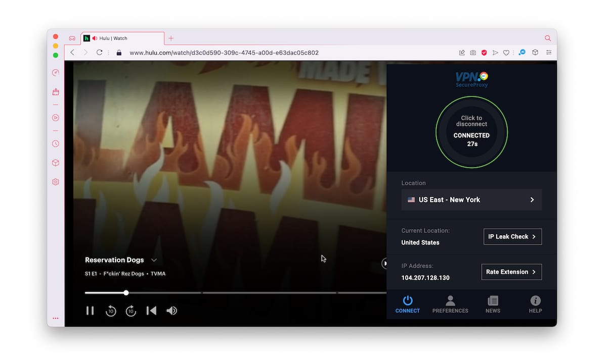 Viendo Hulu des del Reino Unido utilizando la extensión de VPN.AC para Chrome.