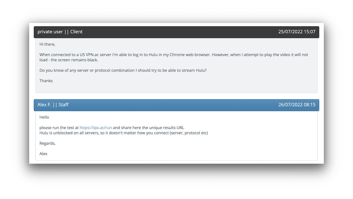 VPN.AC customer support response to a user query
