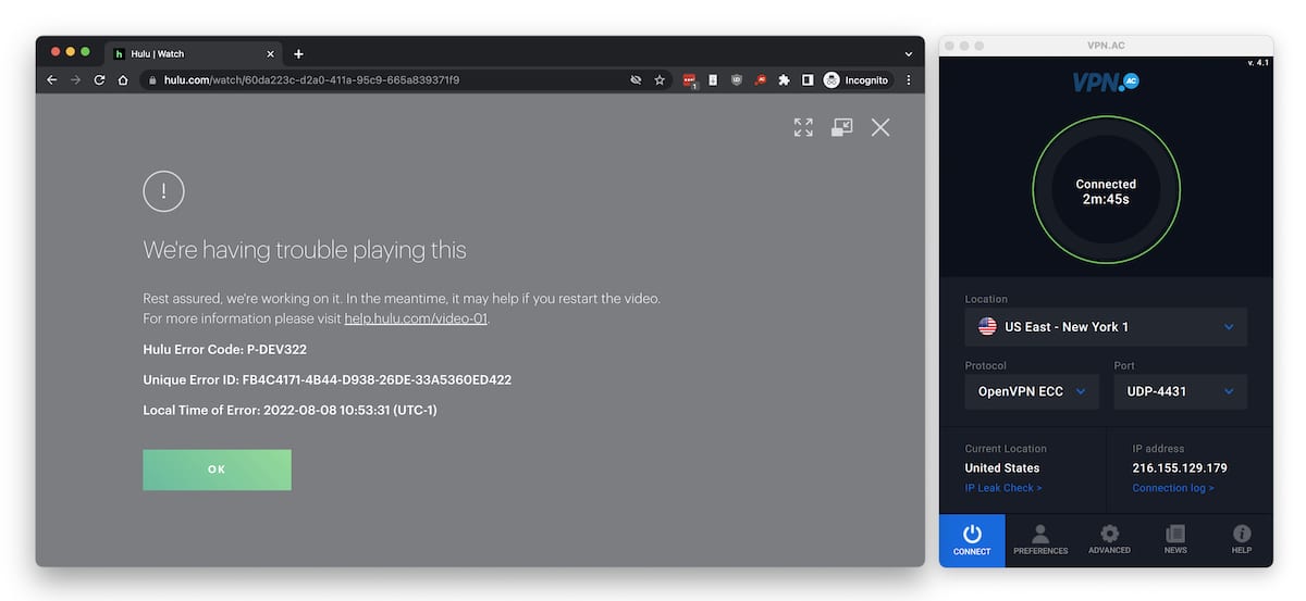 Trying to access Hulu from outside the US with VPN.AC, and failing