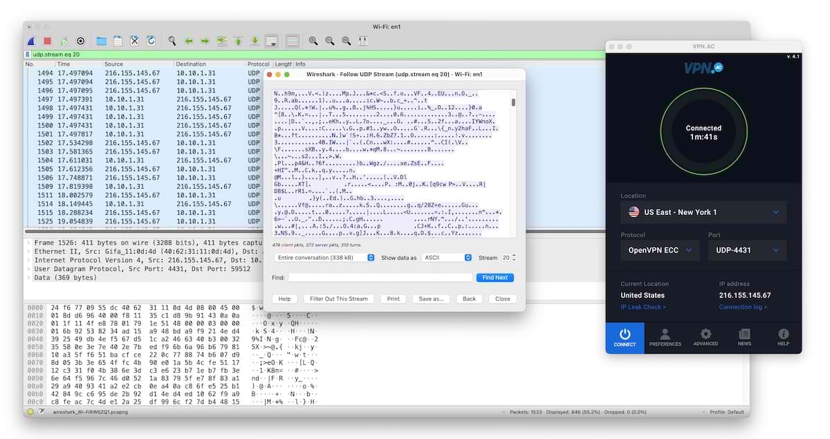 Pruebas de encriptación Wireshark en macOS con VPN.AC 