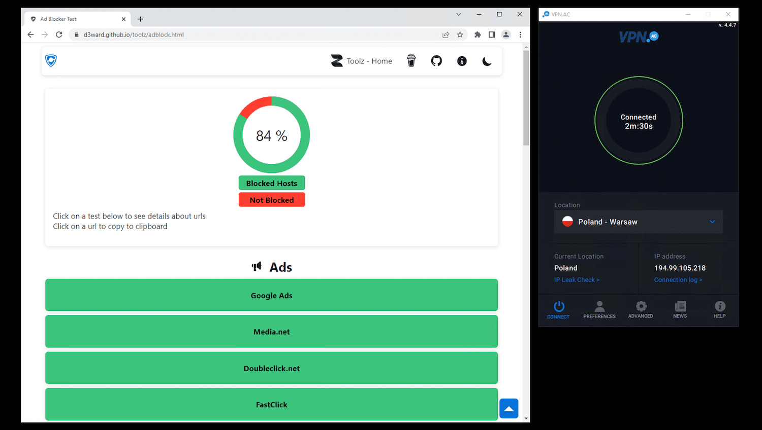 VPN.AC being tested by a third party tool for its effectiveness as an ad and tracker blocker