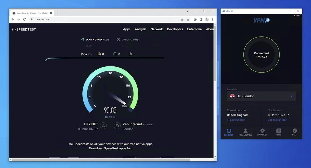 Haciendo pruebas de velocidad con VPN.AC en Windows