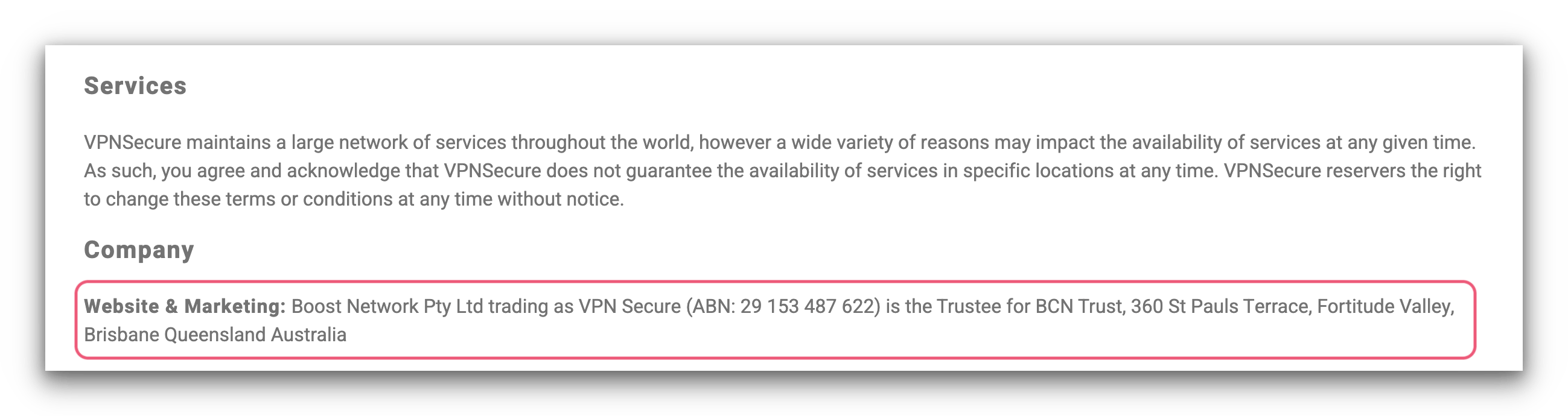 Screenshot of VPN Secure's address in Australia.