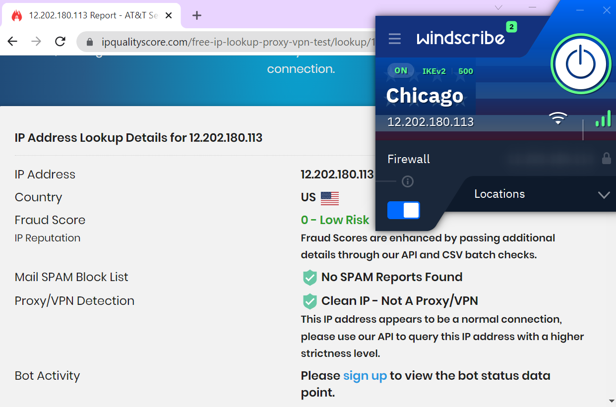 Using a VPN detection tool on Windscribe's dedicated IP address