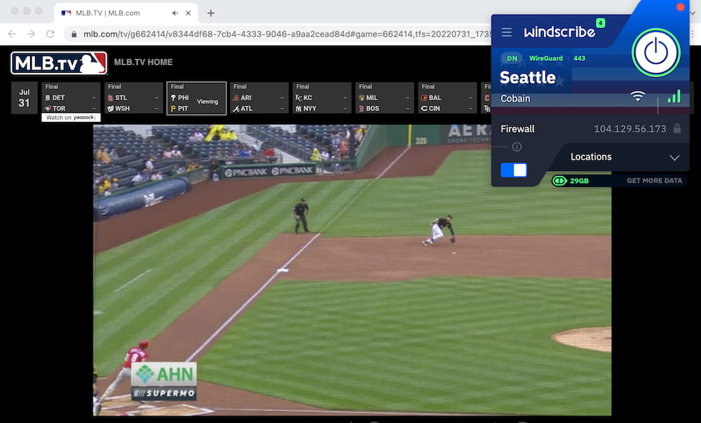 Using Windscribe Free to bypass MLB geo-restrictions