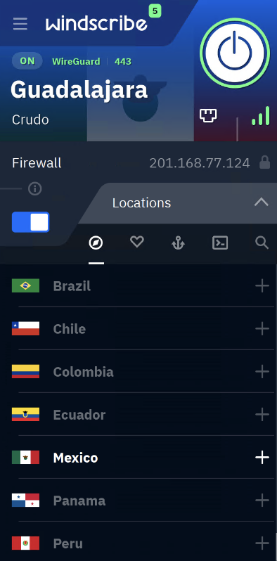 Lista de servidores de Windscribe en América del Sur