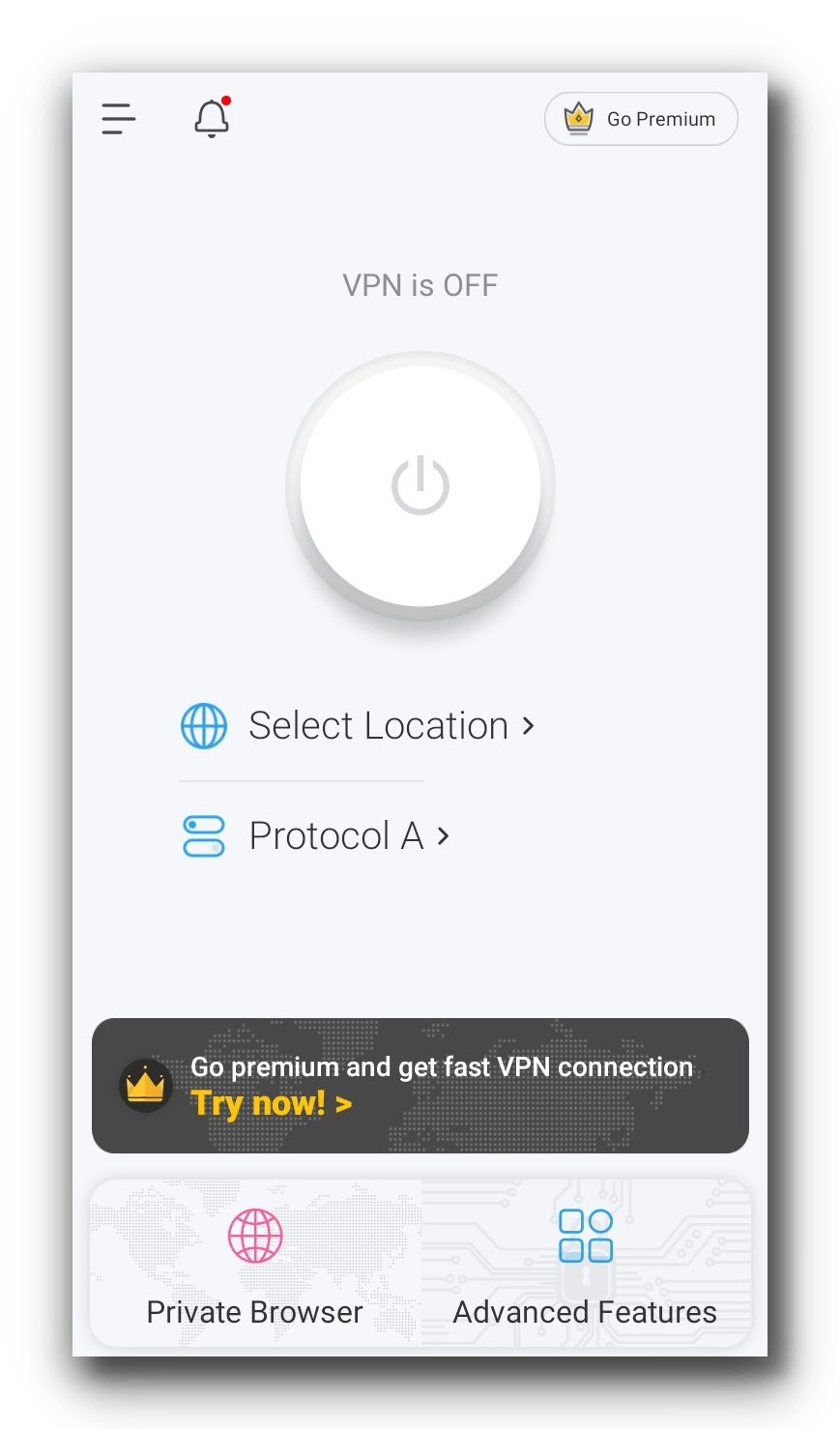 The main menu for X-VPN's Android app.