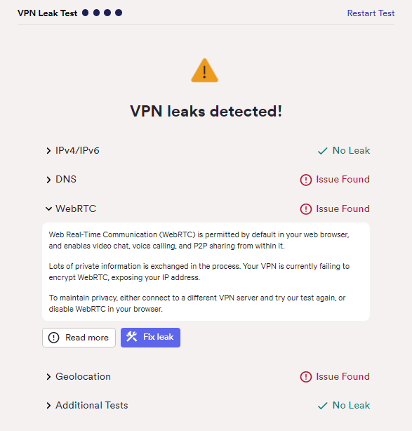 X-VPN's leak test results on Chrome.