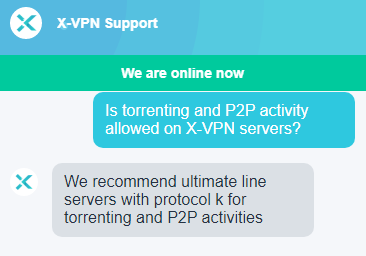 Contacting X-VPN's customer support about torrenting.