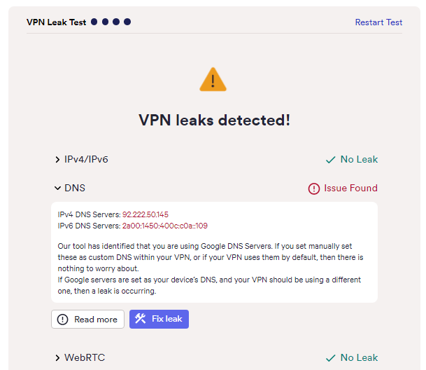 The results of X-VPN's leak test.