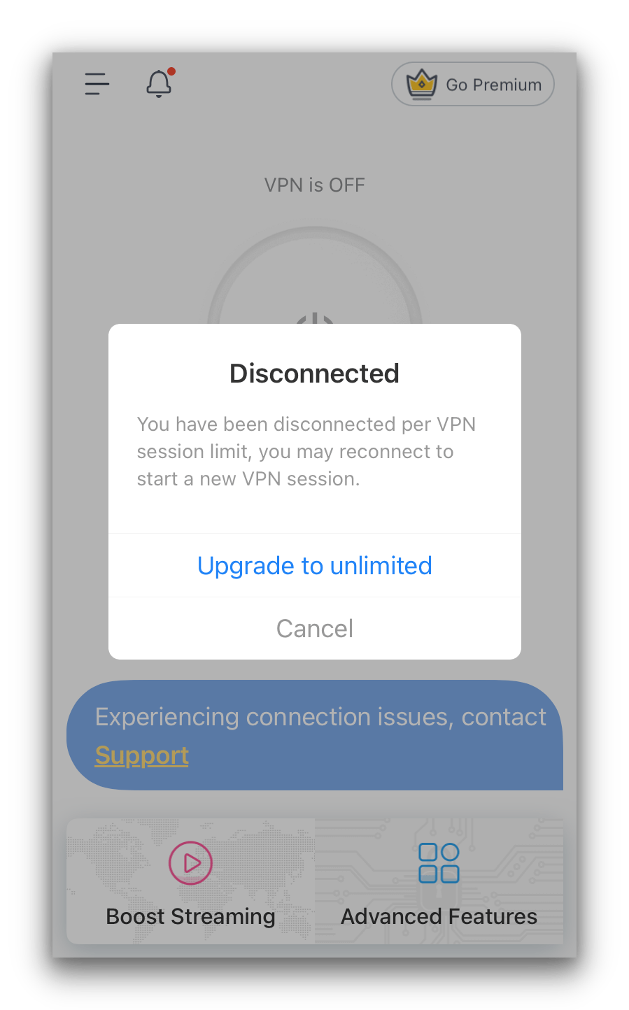 X-VPN Free's disconnection message on iOS.