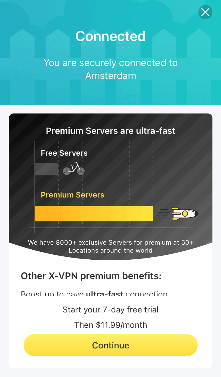 Connecting to a server on X-VPN Free's iOS app.