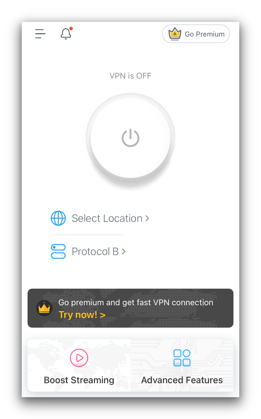 The main menu for X-VPN's iOS app.