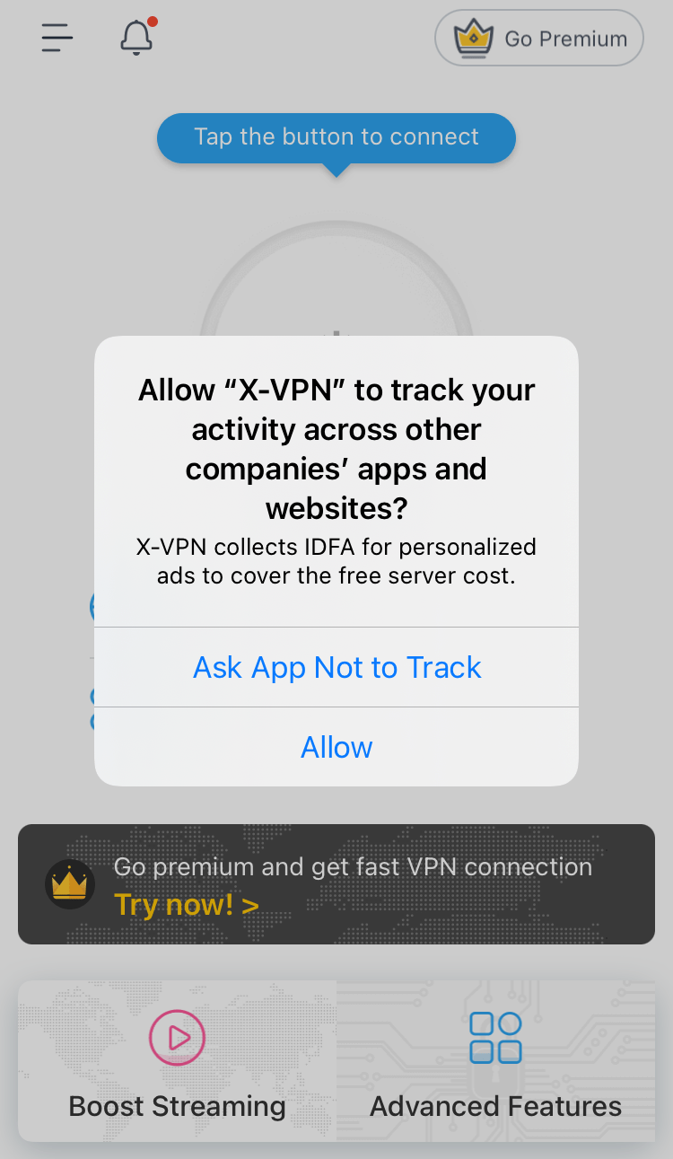 X-VPN requesting permission to track your activity on iOS