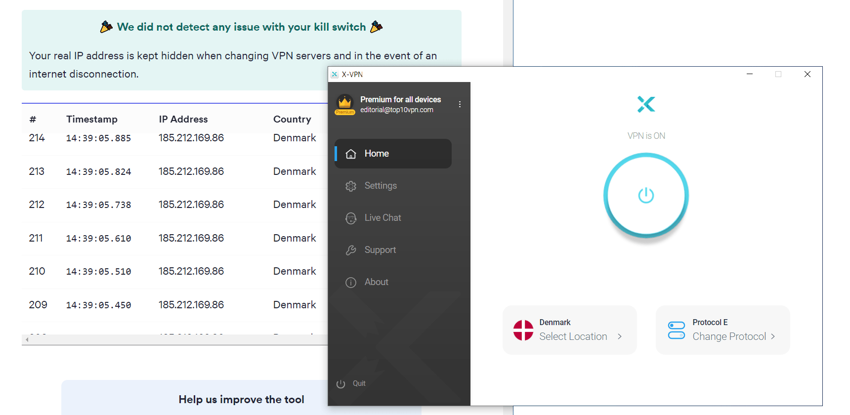 The results of X-VPN's kill switch test.