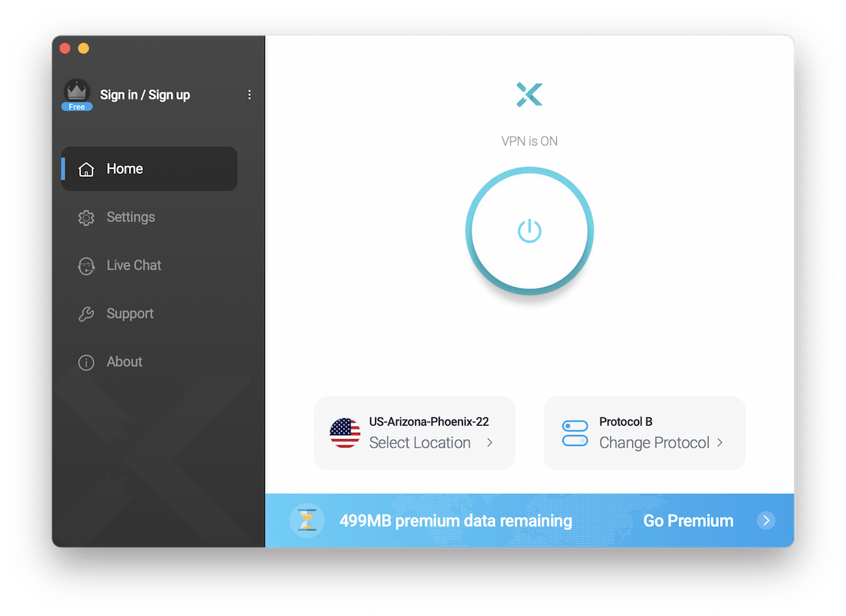 The main menu for X-VPN's macOS app.