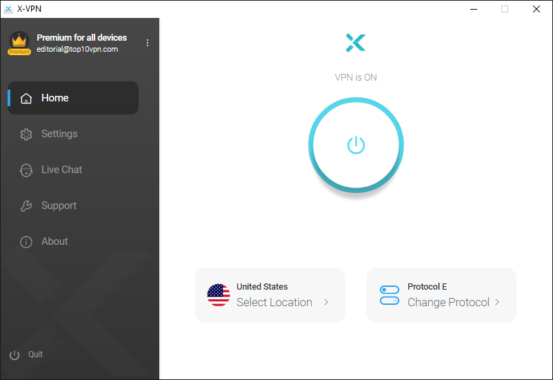 The main menu for X-VPN's Windows client.