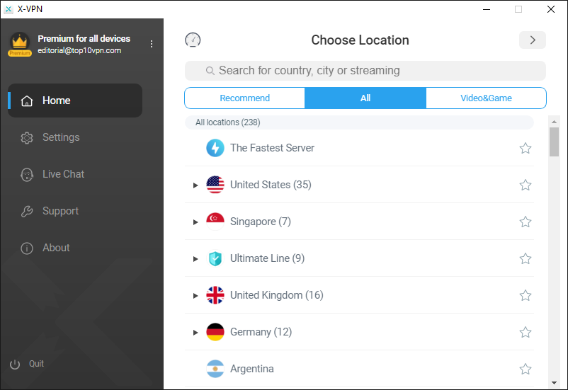 X-VPN's server locations on Windows.