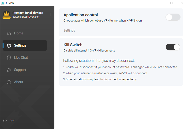 The settings on X-VPN's Windows client.