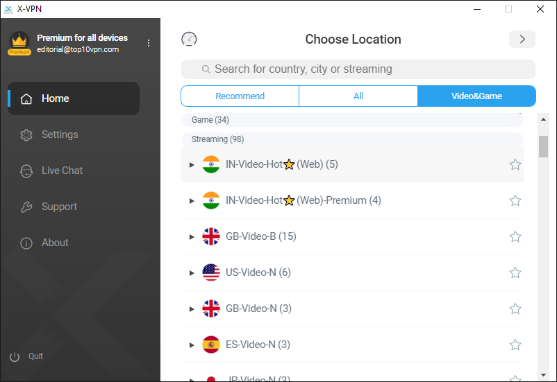 X-VPN's streaming-optimized servers on Windows.