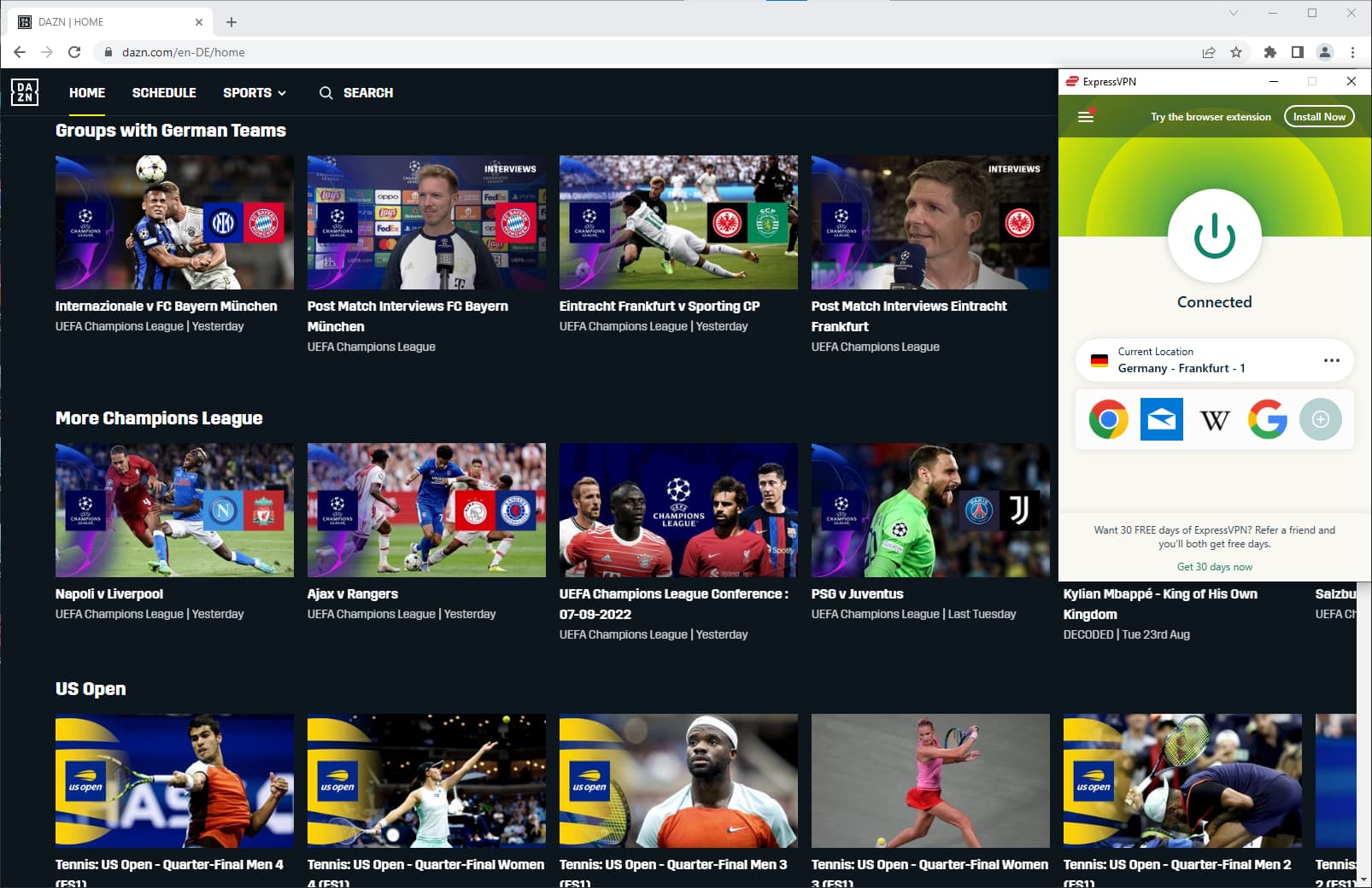 Captura de pantalla de ExpressVPN desbloqueando DAZN Alemania