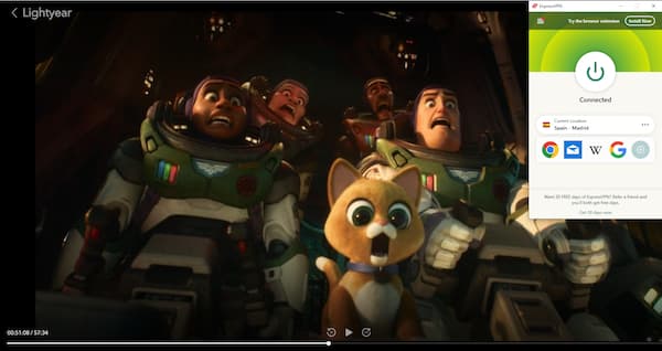 Captura de pantalla de ExpressVPN con Disney+ España