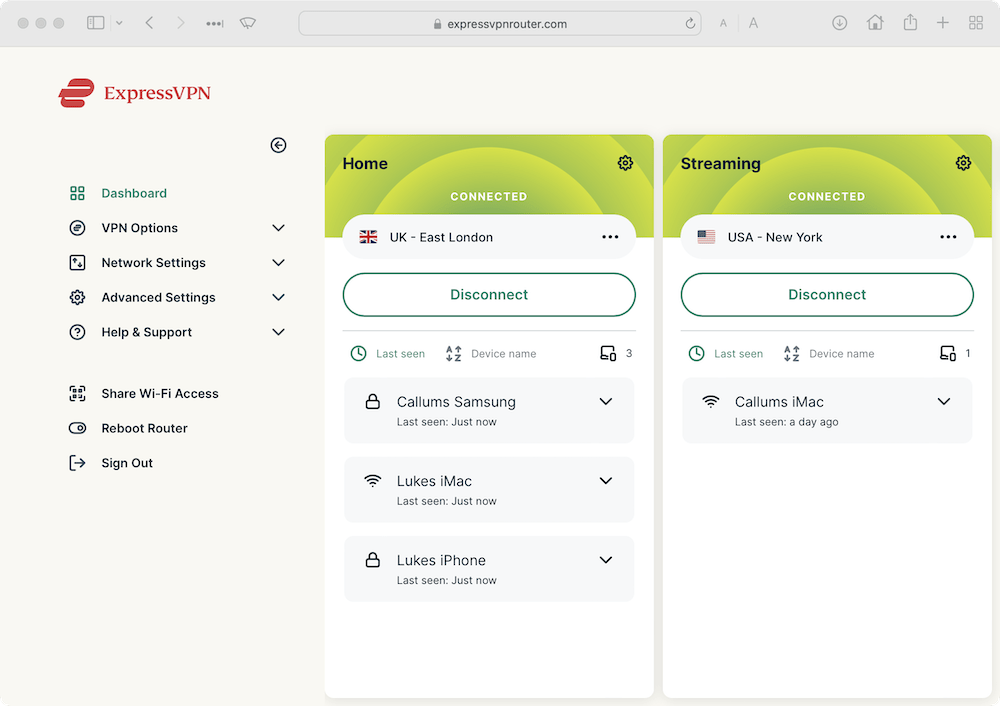 El interfaz de la aplicación de ExpressVPN para router