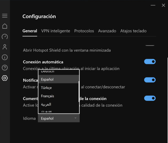 La configuración de cambio de idioma en la aplicación de Hotspot Shield para Windows