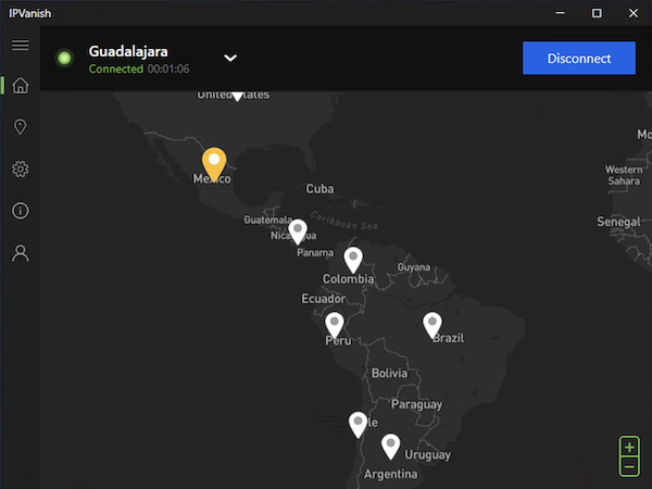 El mapa de ubicaciones de servidores de IPVanish en América Central y del Sur. 