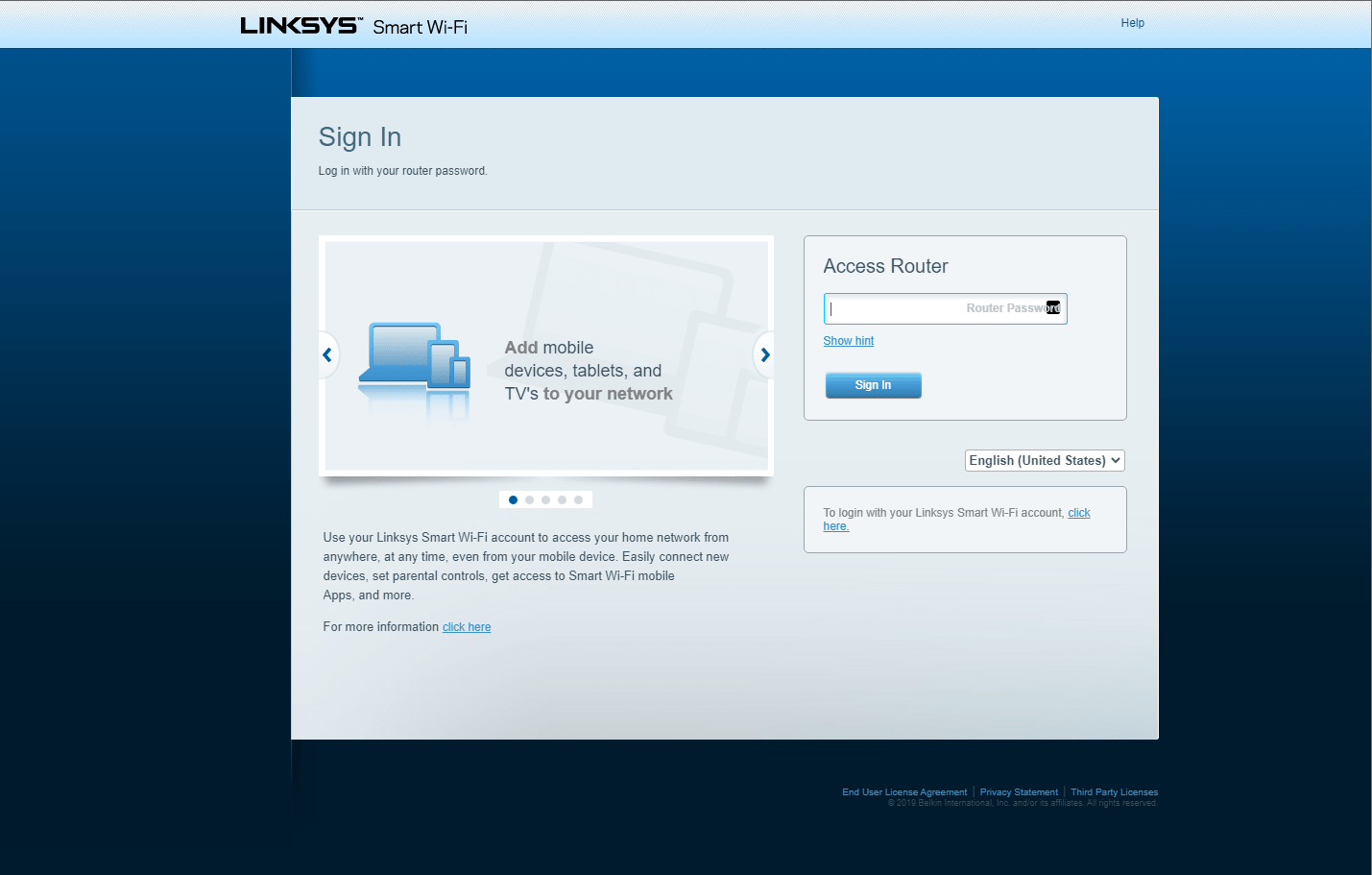 El panel de control del router de Linksys en Windows