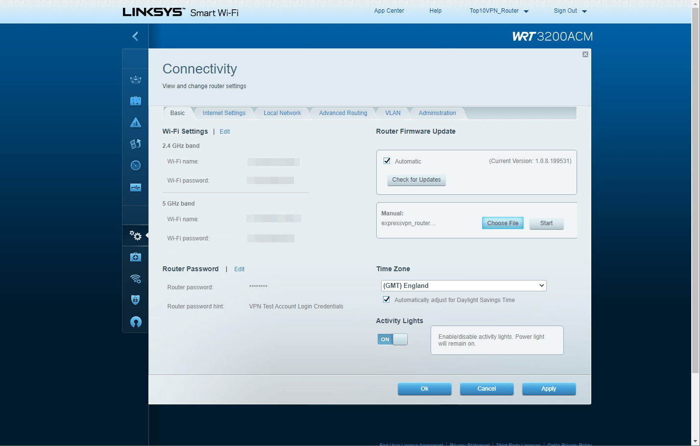 Linksys Router connectivity settings menu on Windows