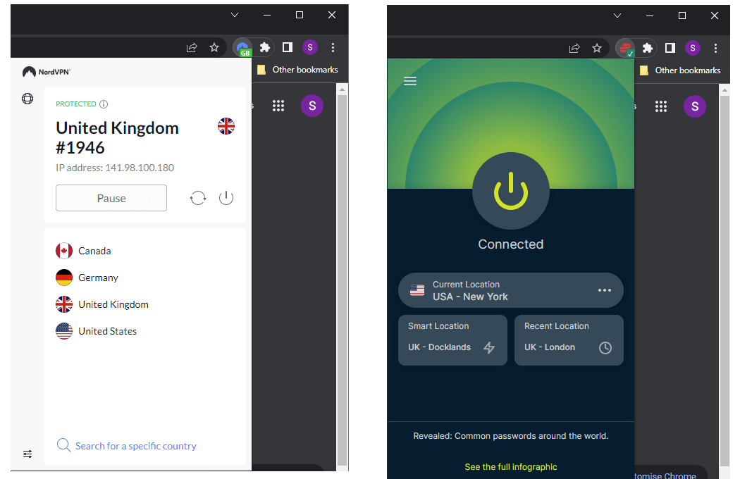 NordVPN and ExpressVPN's browser extensions side-by-side.