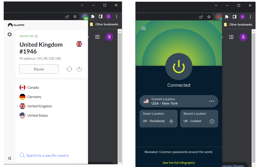 Las extensiones de navegador de NordVPN y ExpressVPN lado a lado. 