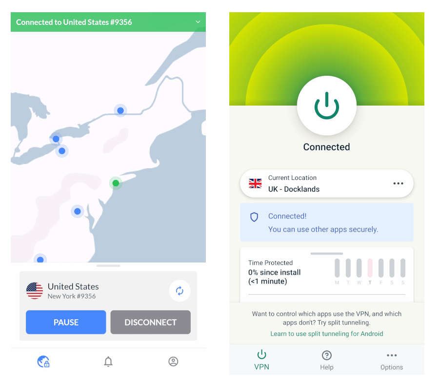 NordVPN and ExpressVPN's mobile apps side-by-side.