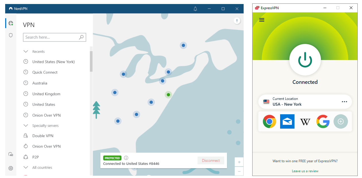 NordVPN and ExpressVPN's desktop apps side-by-side.