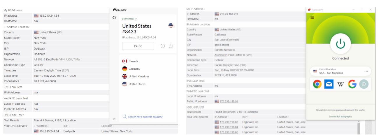 Testing NordVPN and ExpressVPN's DNS leak protection