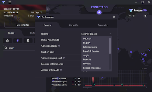 La interfaz de Proton VPN en español