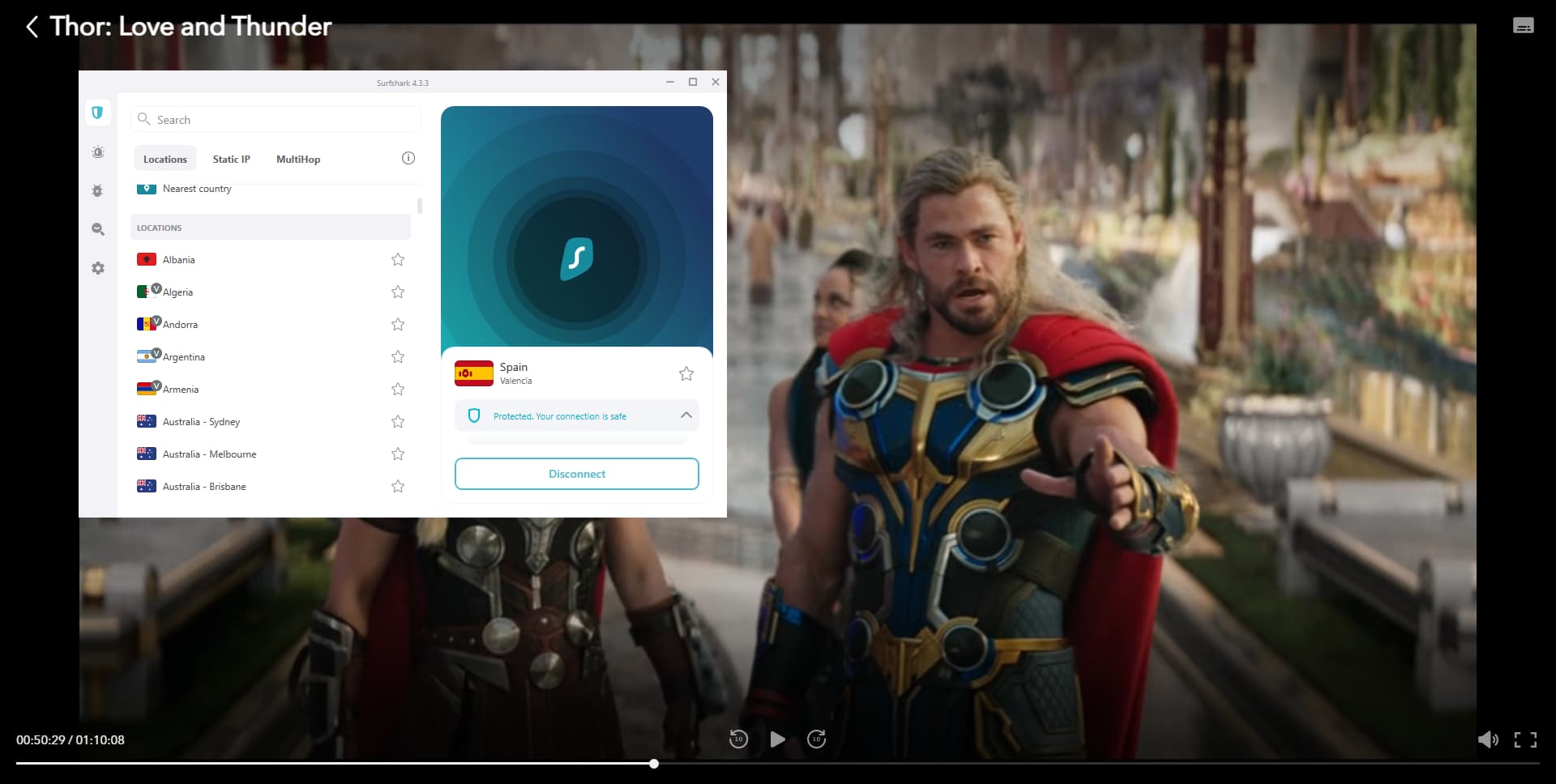 Captura de Pantalla de Surfshark desbloqueando Disney+ España