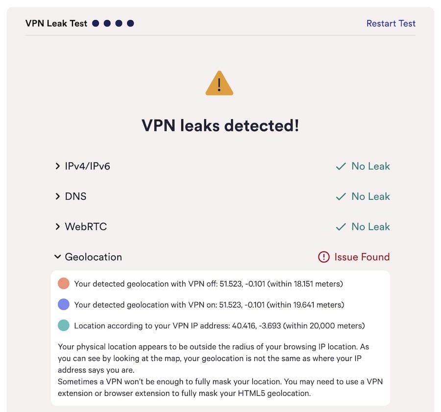 A VPN leak test that has detected a geolocation leak