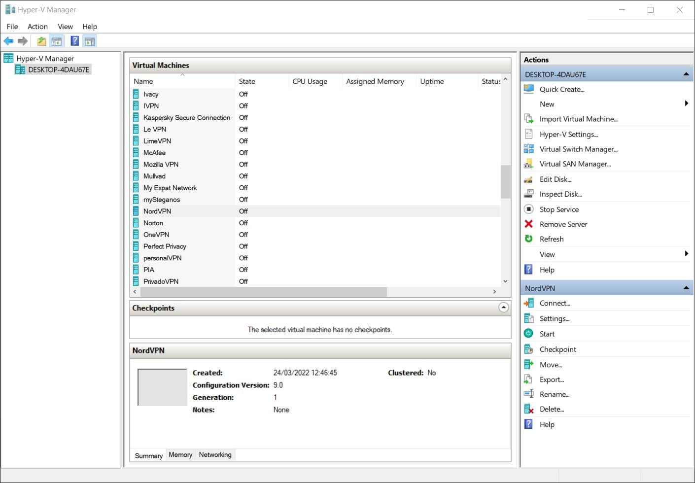 A screenshot of the Hyper-V virtual environment