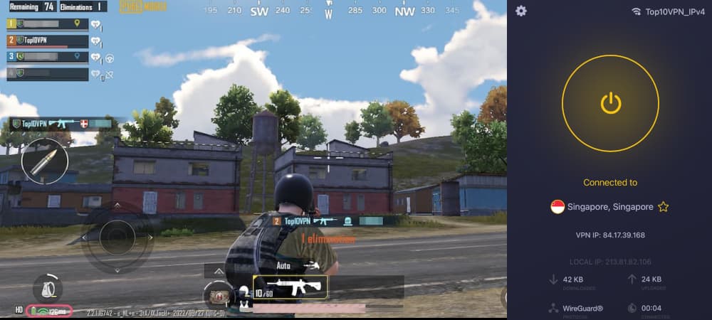 Playing PUBG Mobile while connected to a Singapore CyberGhost server