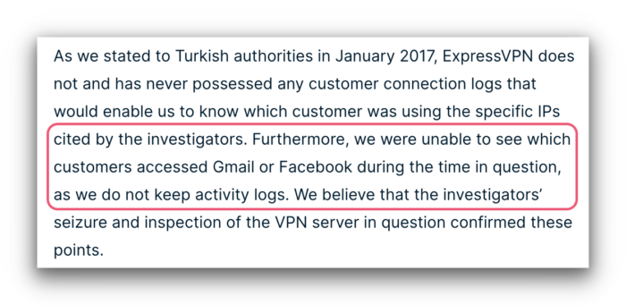 Screenshot of ExpressVPN's statement on an investigation that states they do not keep activity logs.