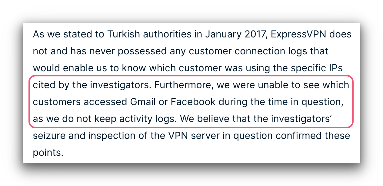 Screenshot of ExpressVPN's statement on an investigation that states they do not keep activity logs.