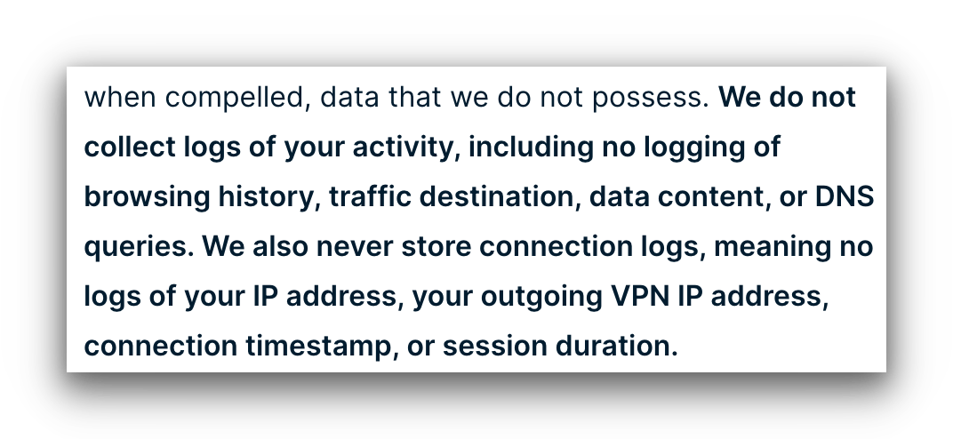 Screenshot of ExpressVPN's Privacy Policy that claims it doesn't keep activity or connection logs.