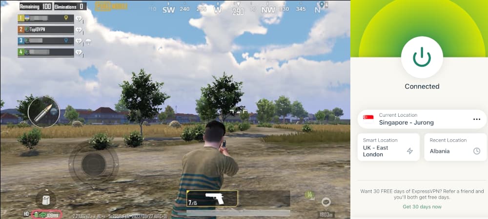 Playing PUBG Mobile while connected to a Singapore ExpressVPN server