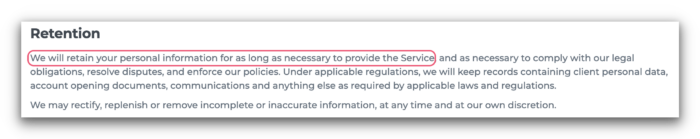 Captura de pantalla de la política de privacidad de Hola VPN que dice que registra datos.