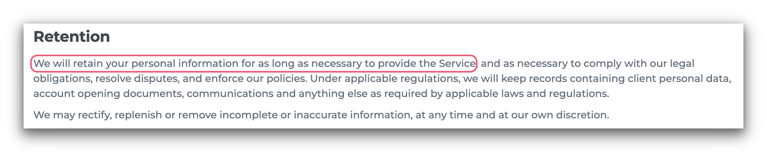 Capture d'écran de la politique de confidentialité de Hola VPN qui indique qu'il conserve vos données stockées.