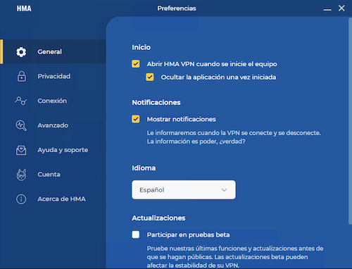 Interfaz de HMA en español